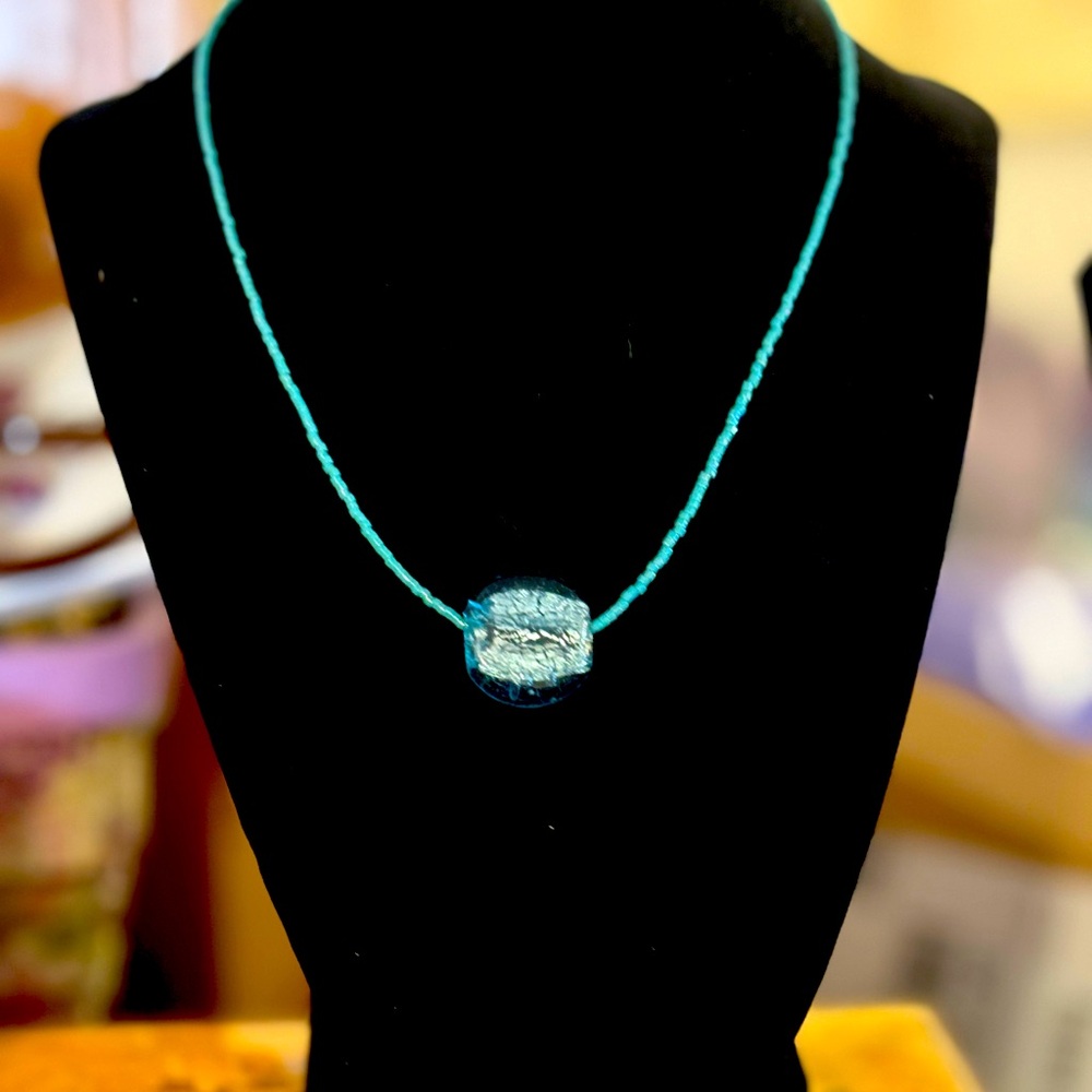 Glass and seed bead neckla 16”.  Hand crafted and gorgeous!